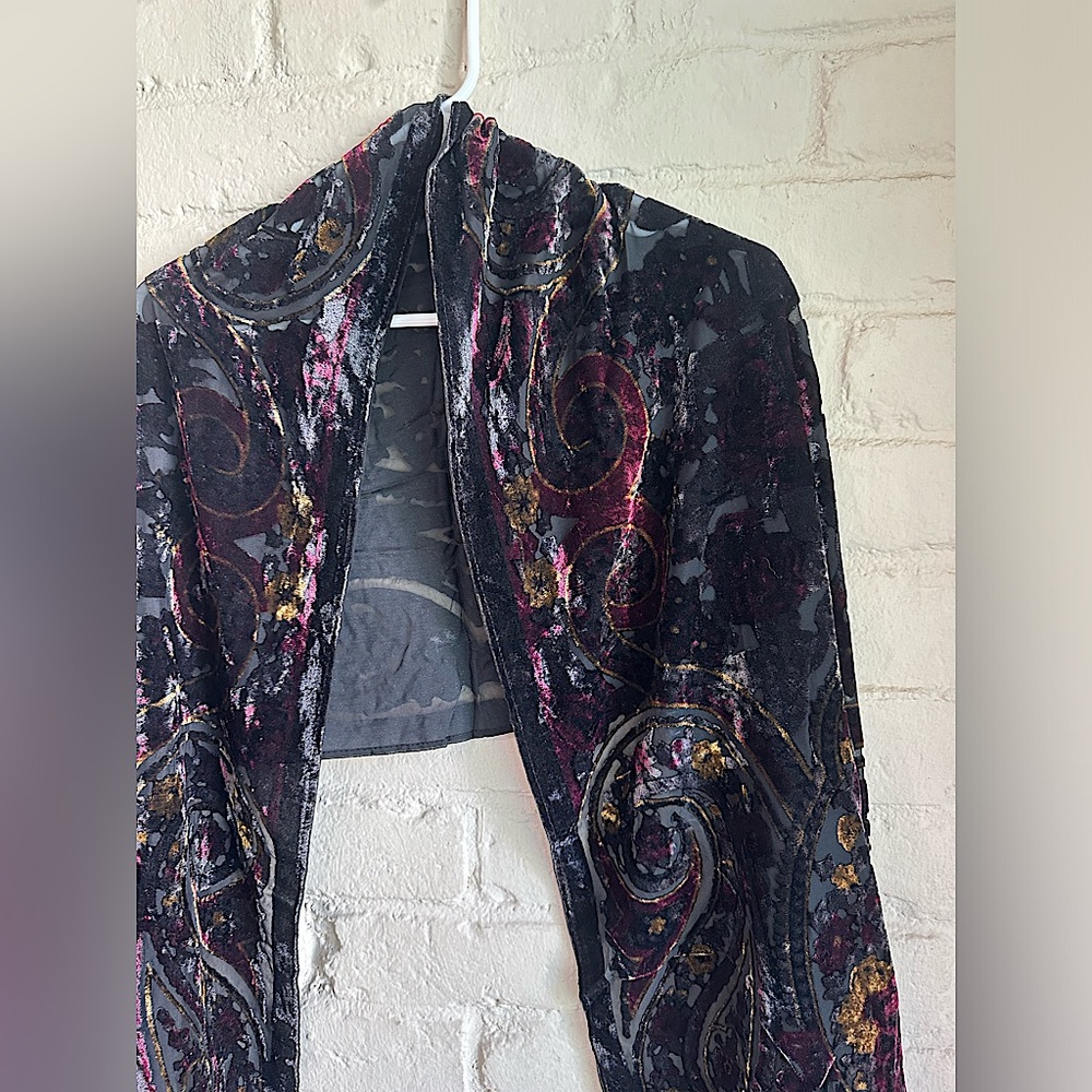 Vintage black pink purple gold velvet shawl with tassels boho